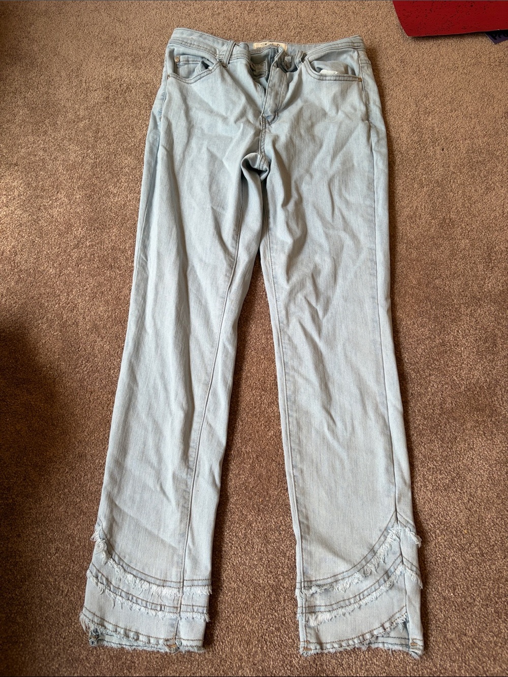 CHARLIE B Light Blue Straight Leg Jeans with Frayed Hem Trim